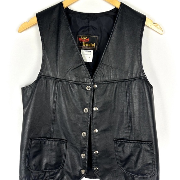 Vintage Black Leather Western Biker Vest - Snaps - Men's - Made in Canada - S/M - Picture 3 of 10